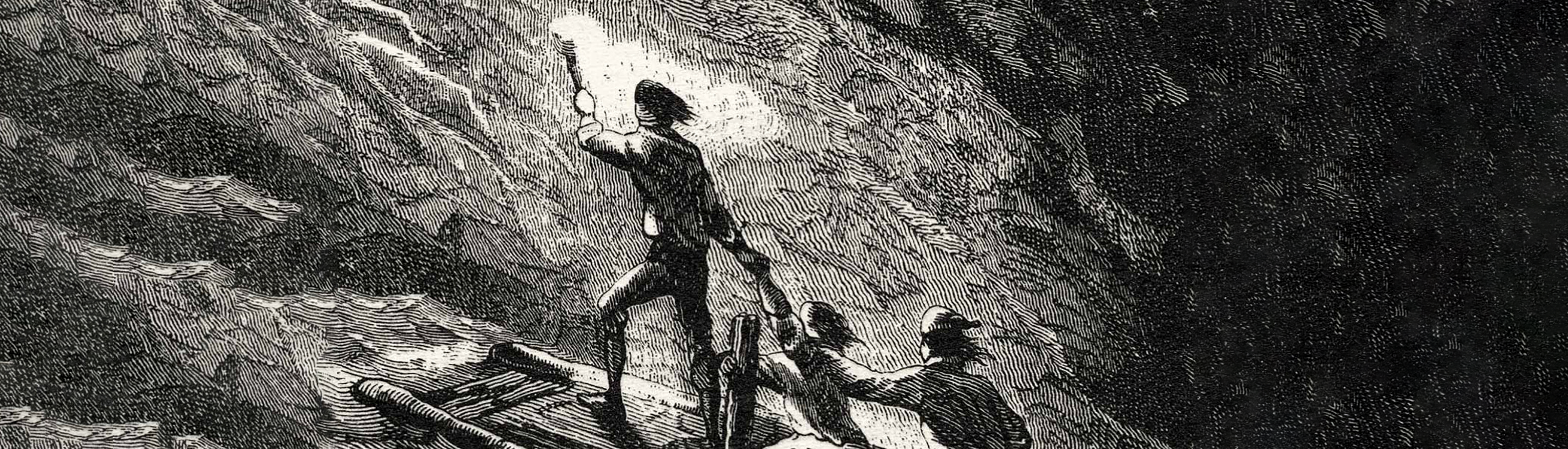 Un explorateur tenant une torche dans une grotte